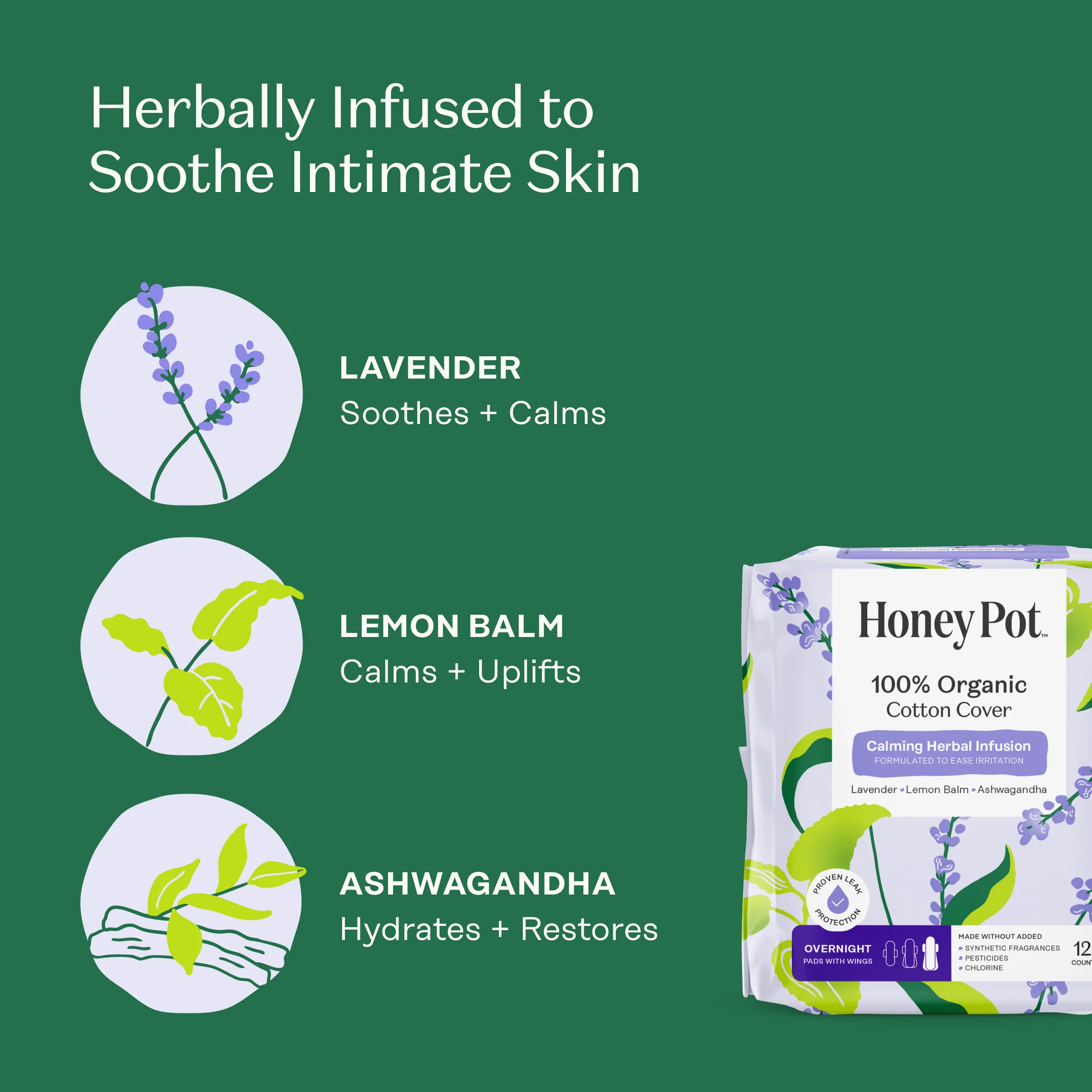 Organic Cotton Cover Calming Herbal Infusion Overnight Pads With Wings - Image 3